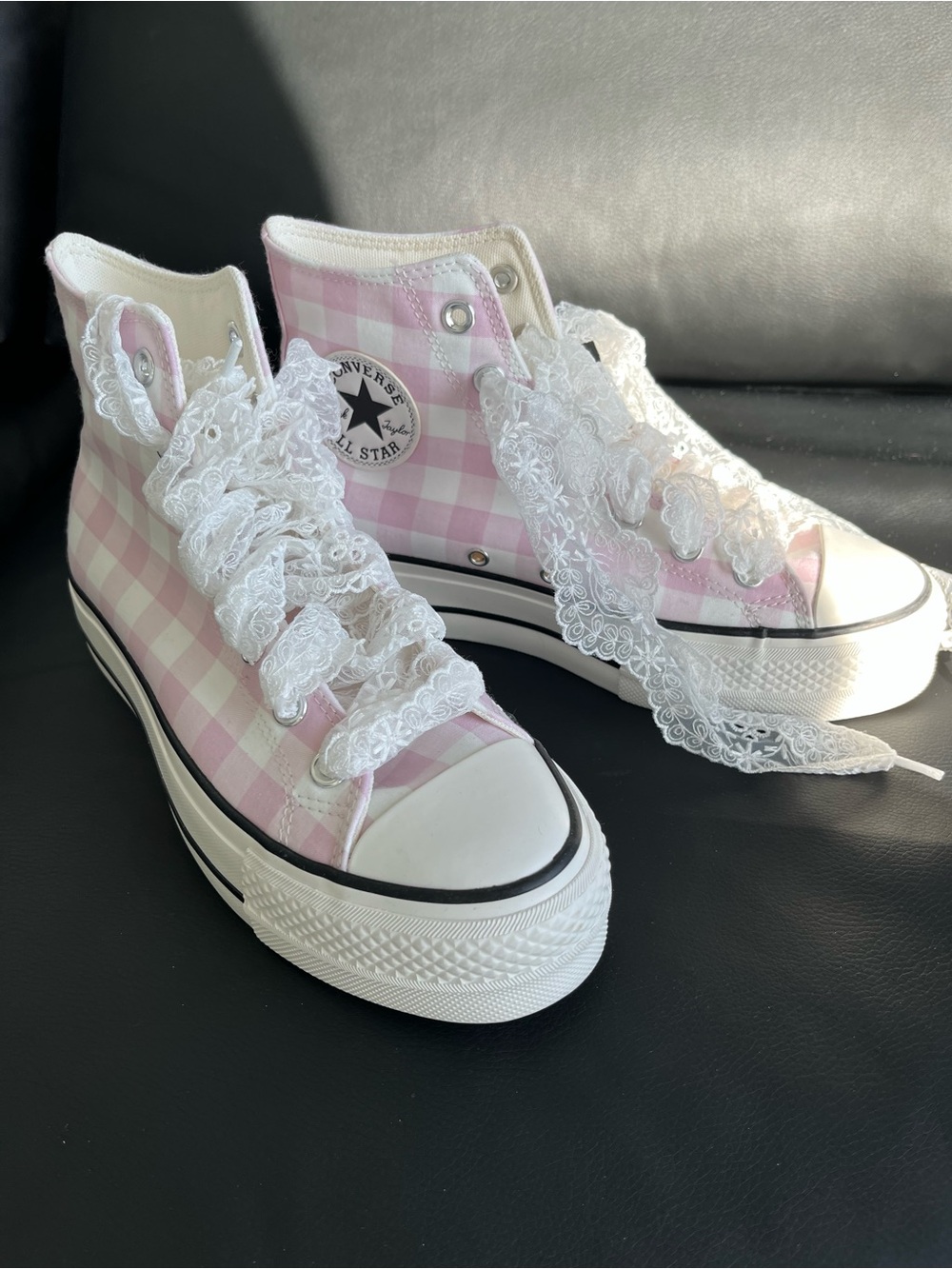 Converse High Top Sneakers Pink and White Gingham Women’s Size US 8 - Picture 4 of 10